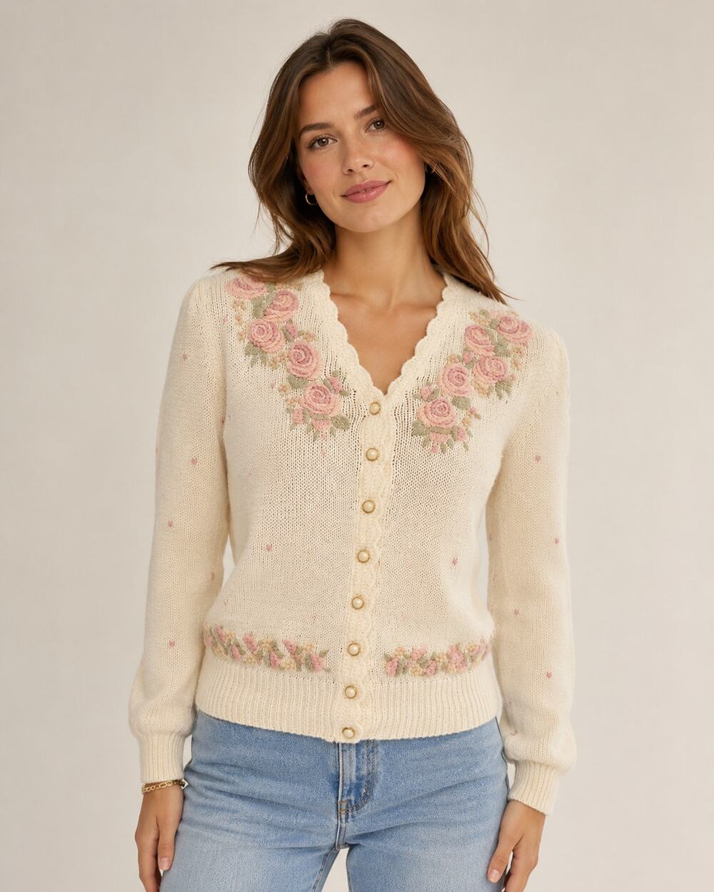 Vintage 90s Margules Cream Pink Rose Embroidered Cardigan M